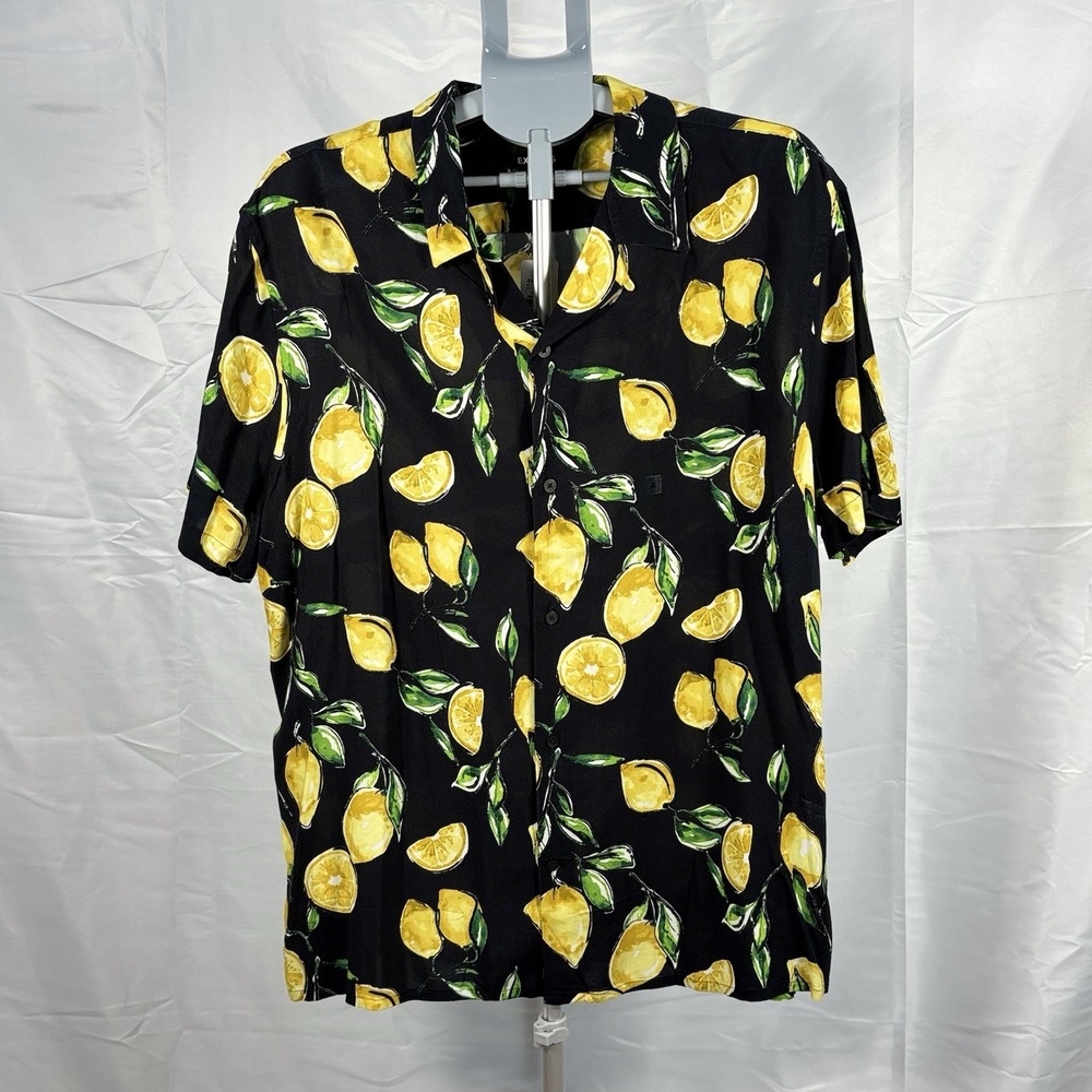 Express Men Short Sleeve Button Shirt XL New Lemon Hawaiian Tropical Rayon Black